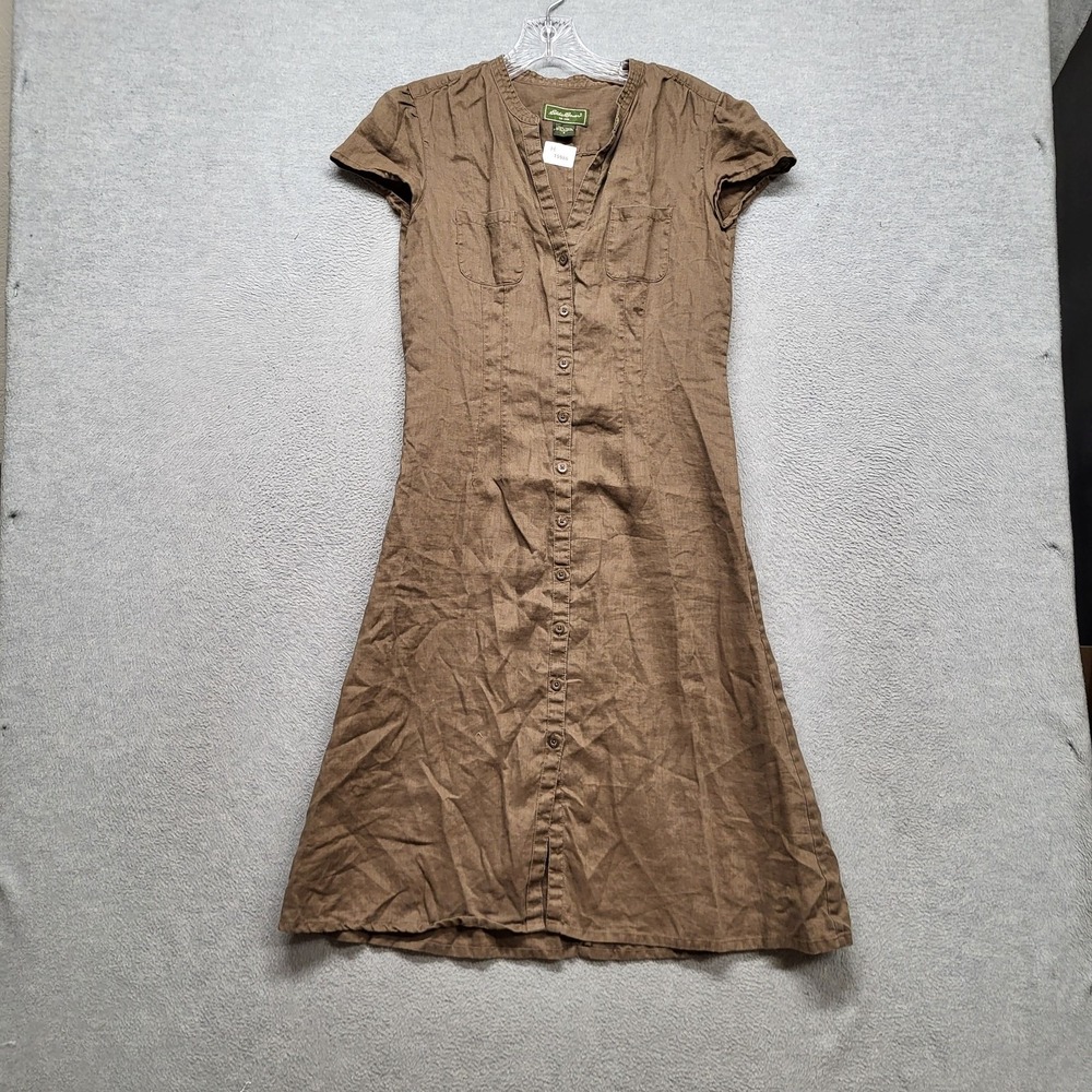 Eddie Bauer Women Dress 2 Brown Linen A-Line Button Short Sleeve